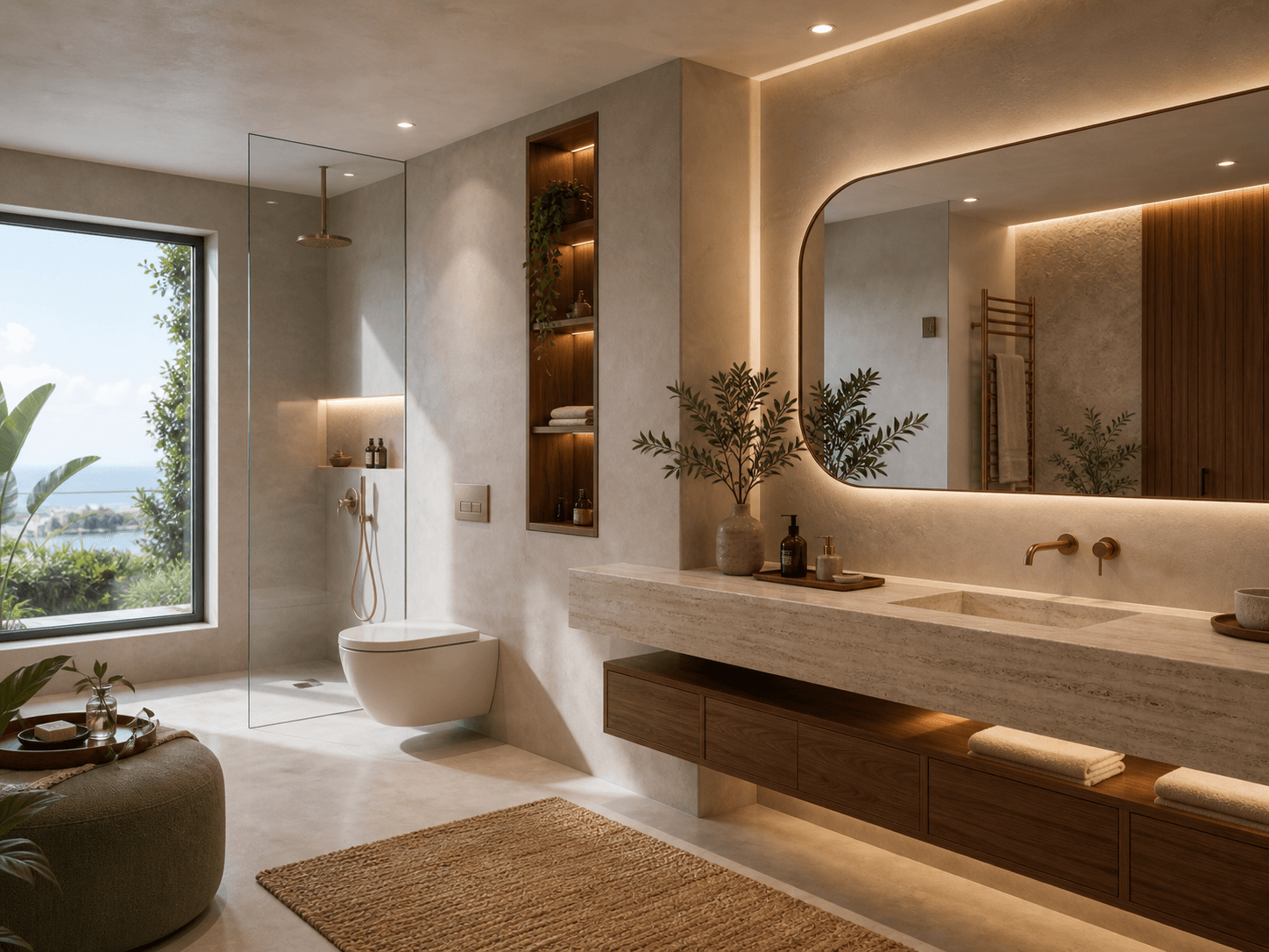 Traverten ve ahşap detaylı modern banyo dekorasyonu